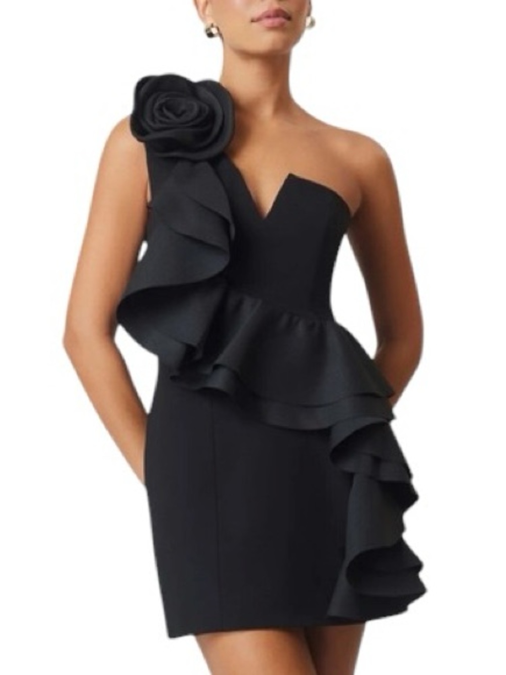 Elliatt Revolve Women’s Halona Rosette Ruffle Black One Shoulder Mini Dress Sz S